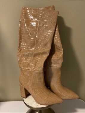 Women's Knee-High Croc-Embossed Block Heel Boots - Nude